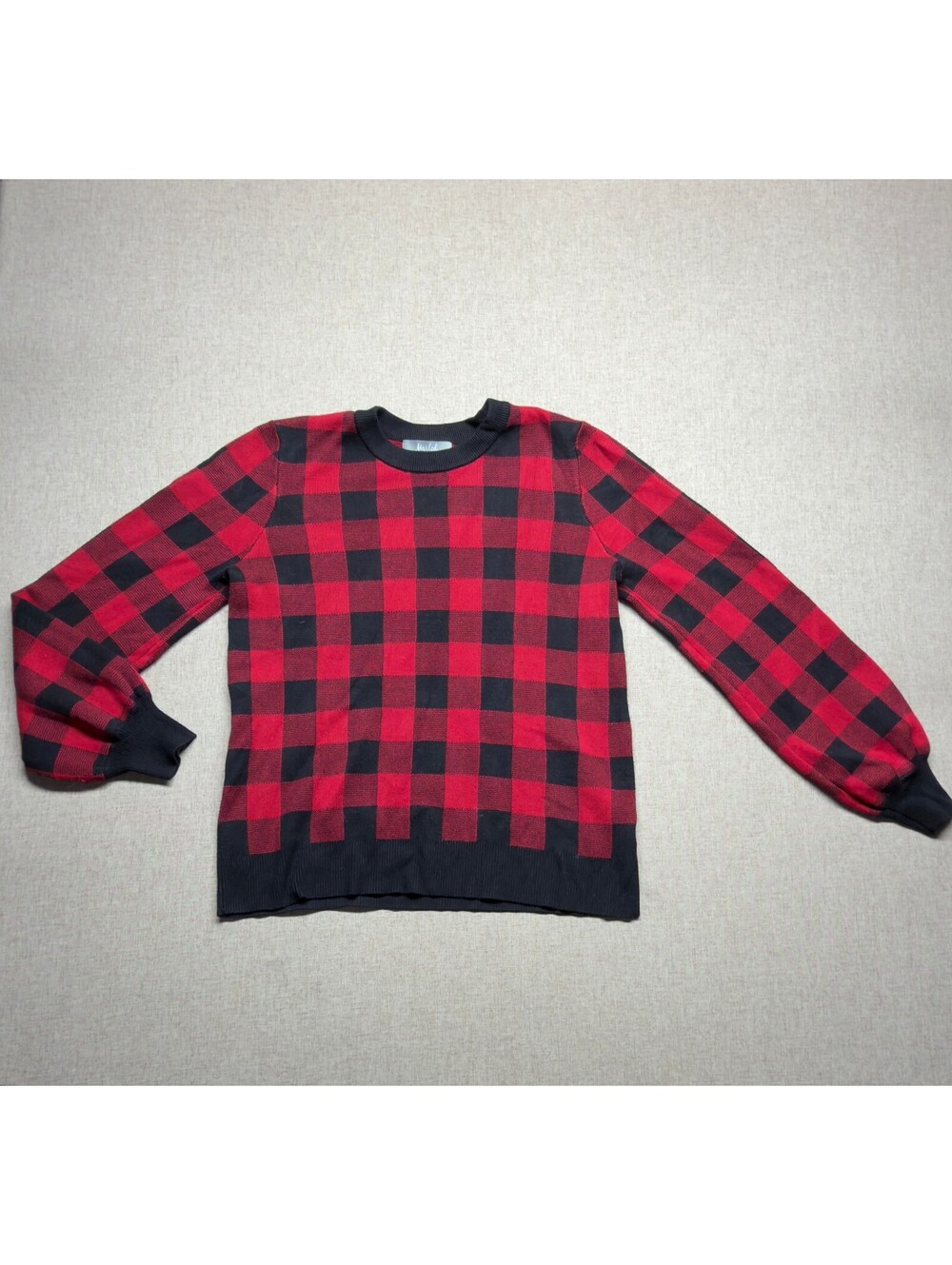 Marled Womens Medium Red Black Buffalo Plaid Sweater Balloon Sleeve Crewneck